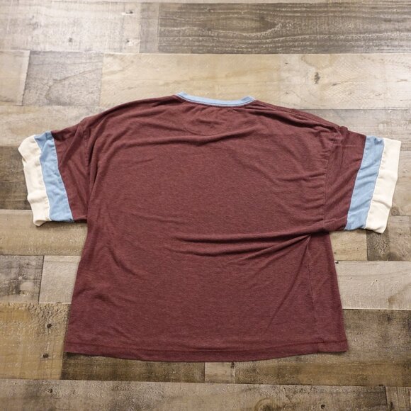 prAna Women’s Colorblock Relaxed Tee Size Medium Burgundy Blue Cream Sustainable - Picture 7 of 7